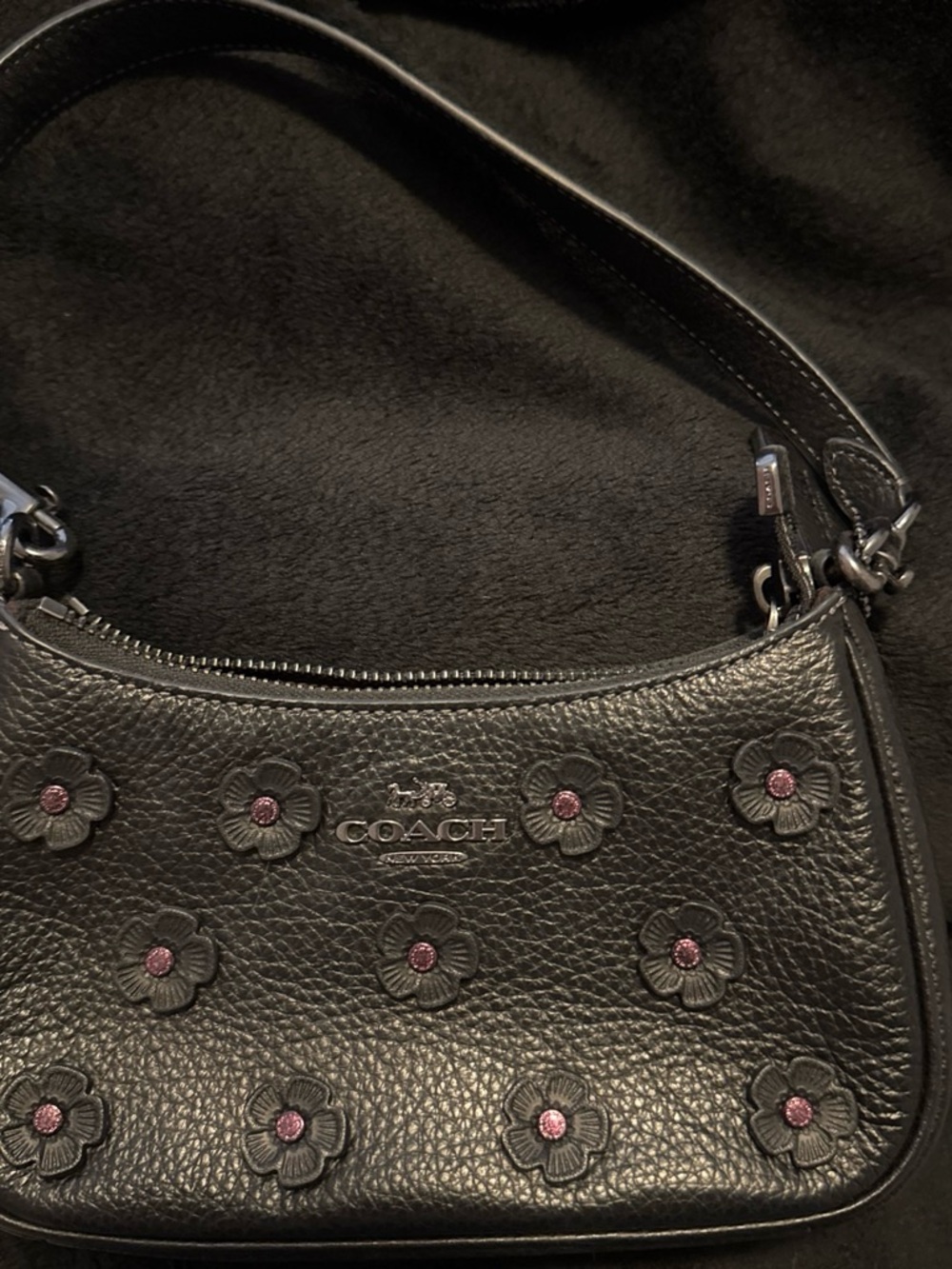 Coach Black Pebbled Leather Shoulder Bag with Floral Stud Accents